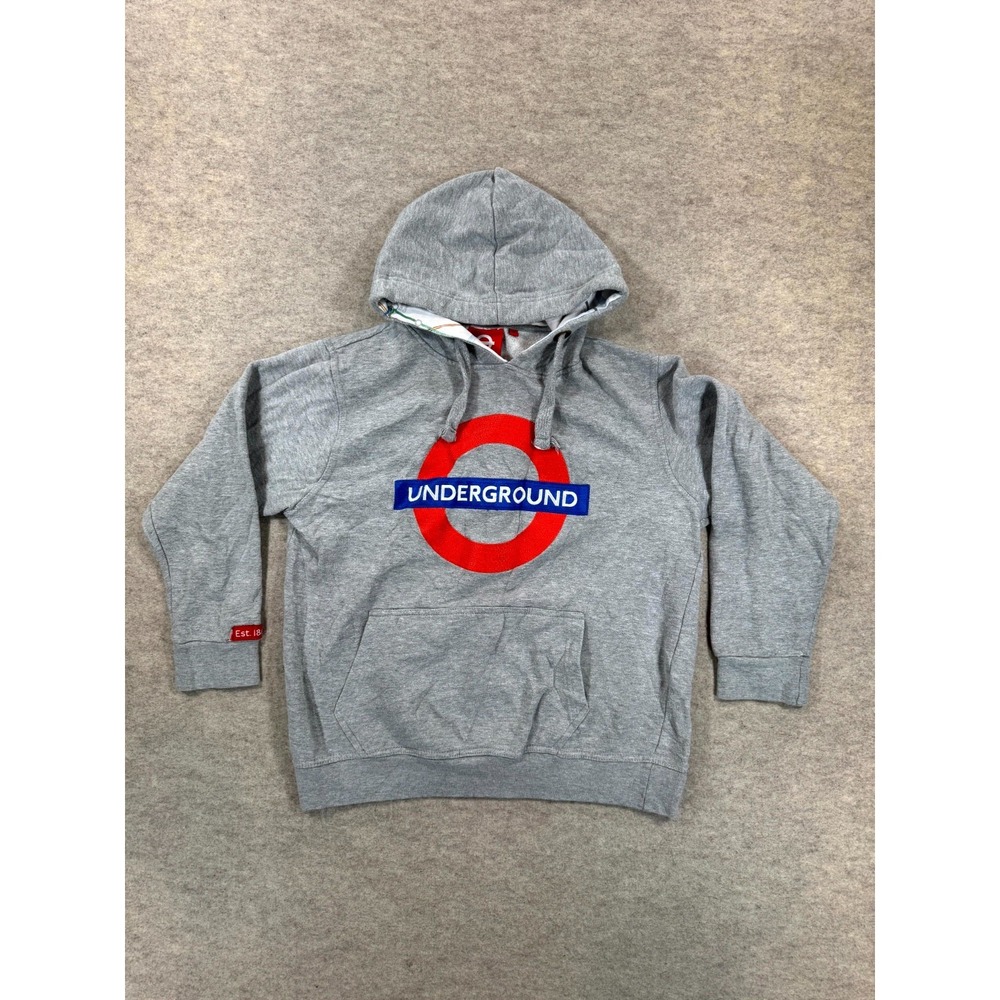 London Underground Hoodie Mens Medium Gray Fleece Lined Cotton Kangaroo Pockets